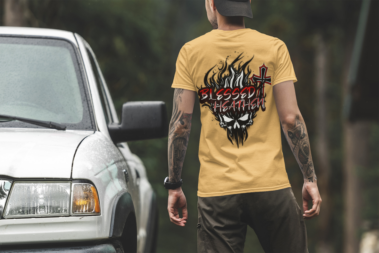 Men's Blessed Heathen Logo - Small Front Design and Large Back Design